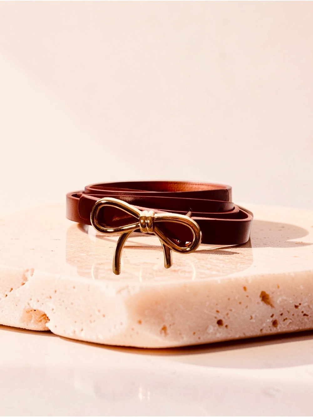 Women’s Tan Skinny Belt Gold-Tone Bow Buckle
